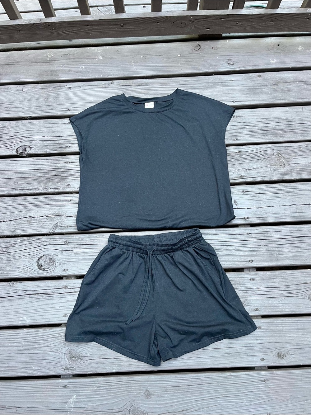 Black Two-Piece Lounge Set - Tee & Elastic Waist Shorts